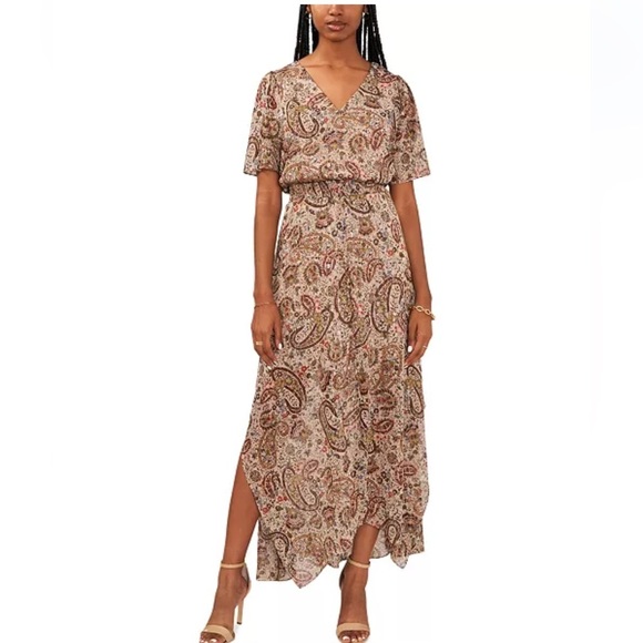 MSK Women's Paisley-Print Flutter-Sleeve Maxi Dress L Wedding Guest Office Wear - Picture 1 of 16
